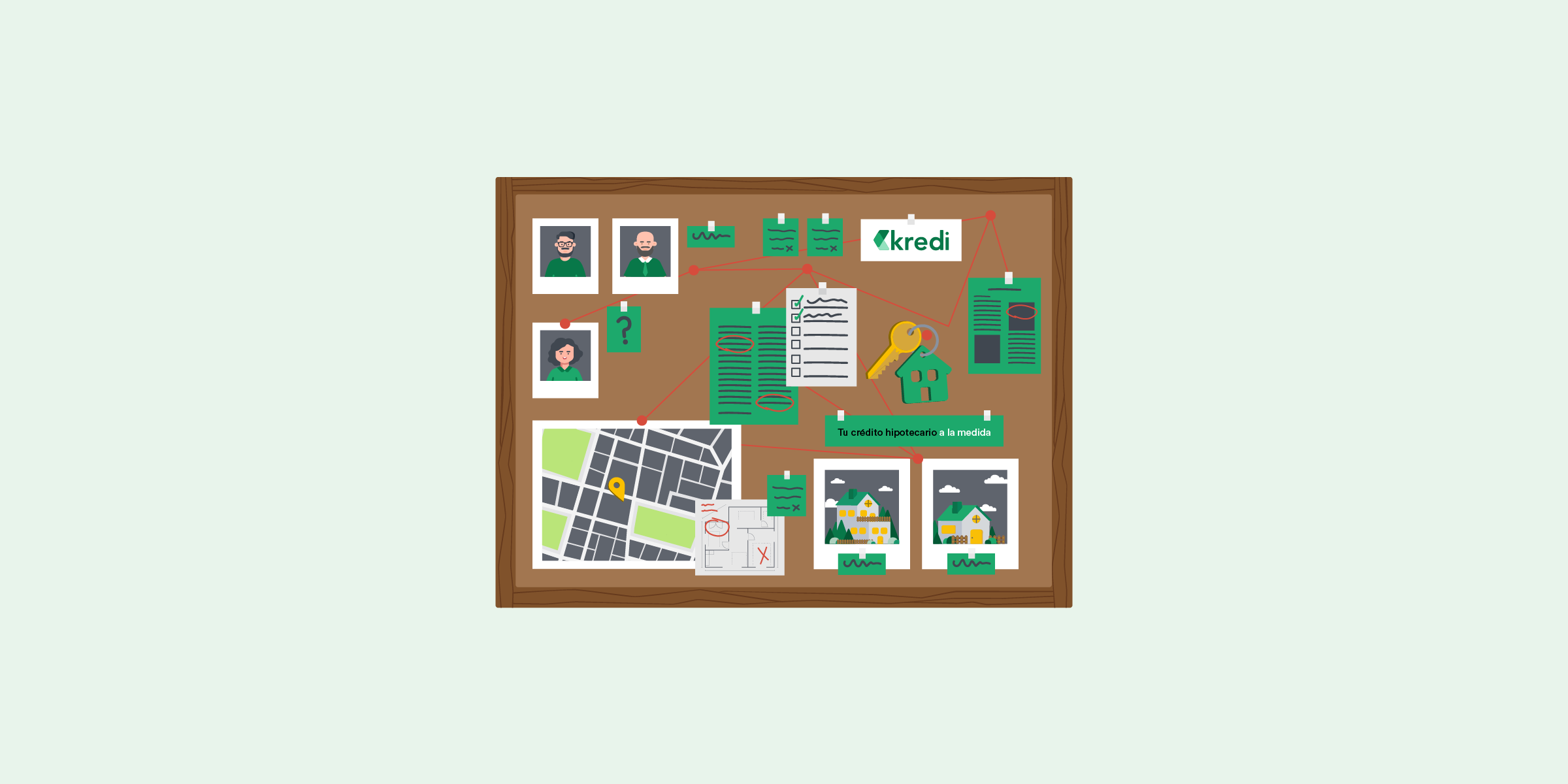 Ilustración con fondo verde claro, pizarrón de corcho con elementos como fotografías de casas, mapas, logo de Kredi.