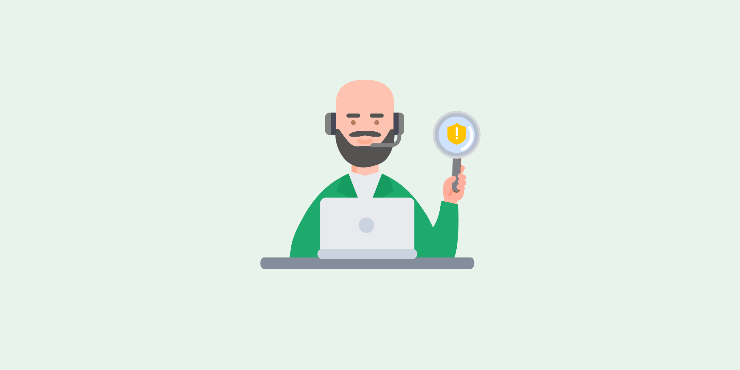 Ilustración de una persona con una lupa en la mano frente a una laptop.