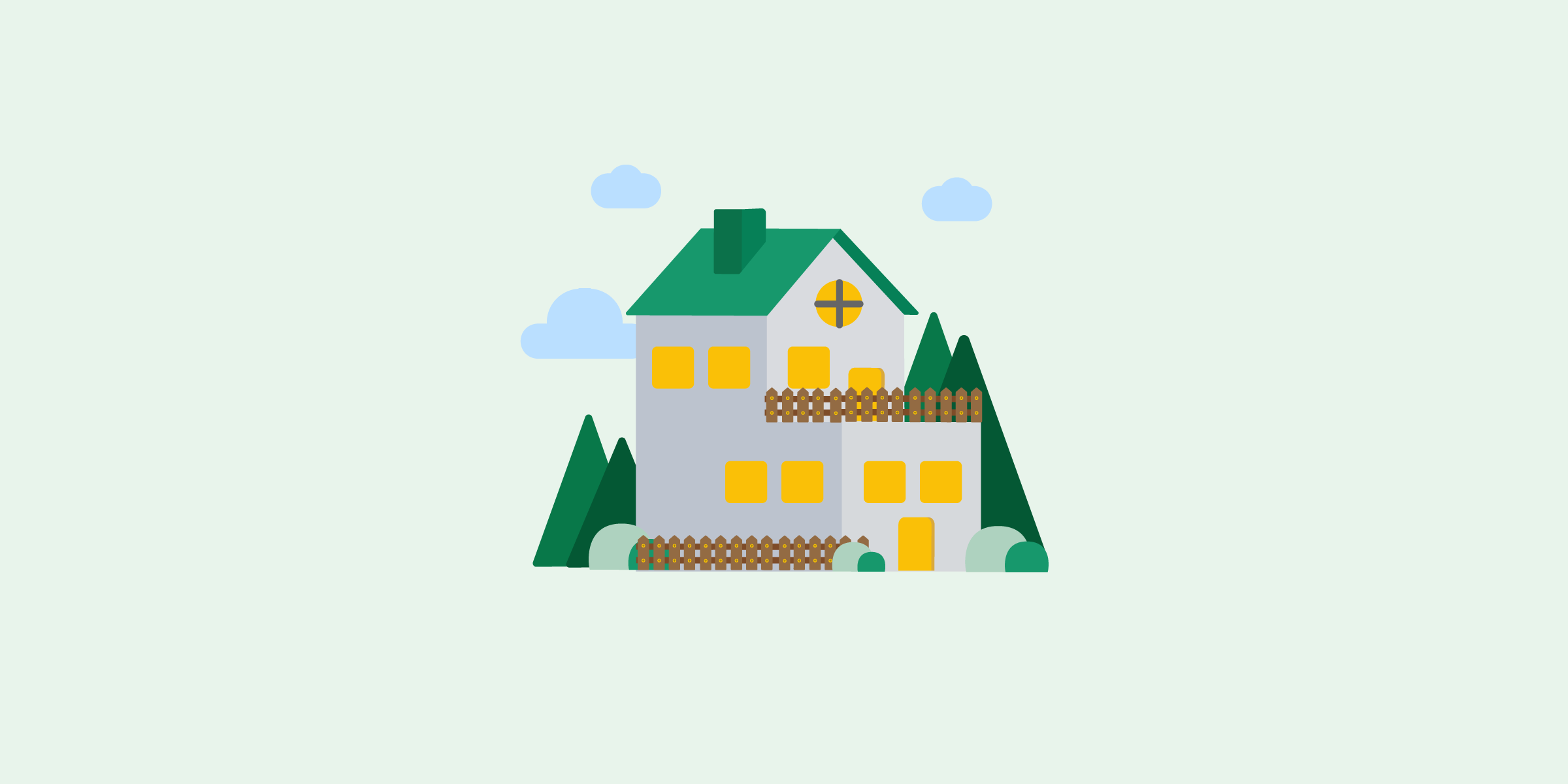 Ilustración de casa de 2 pisos con nubes y áreas verdes.