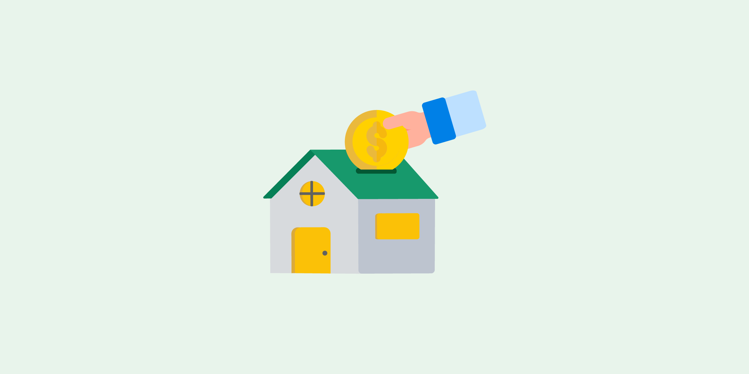 Ilustración de una casa, con una mano de una persona en la parte superior derecha insertando una moneda por el techo de la casa, simulando una alcancía.
