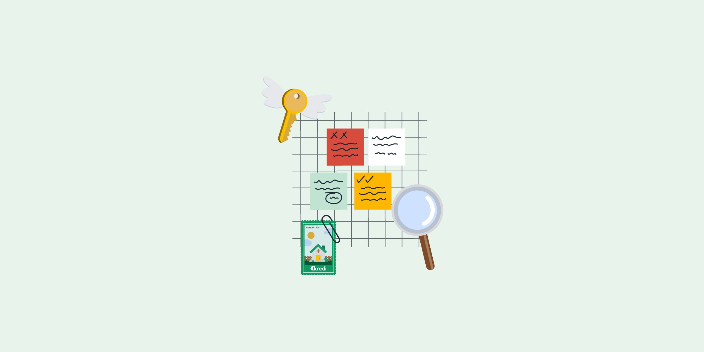 Ilustración de un tablero con unas llaves, una postal, recibos y una lupa. El fondo es verde.