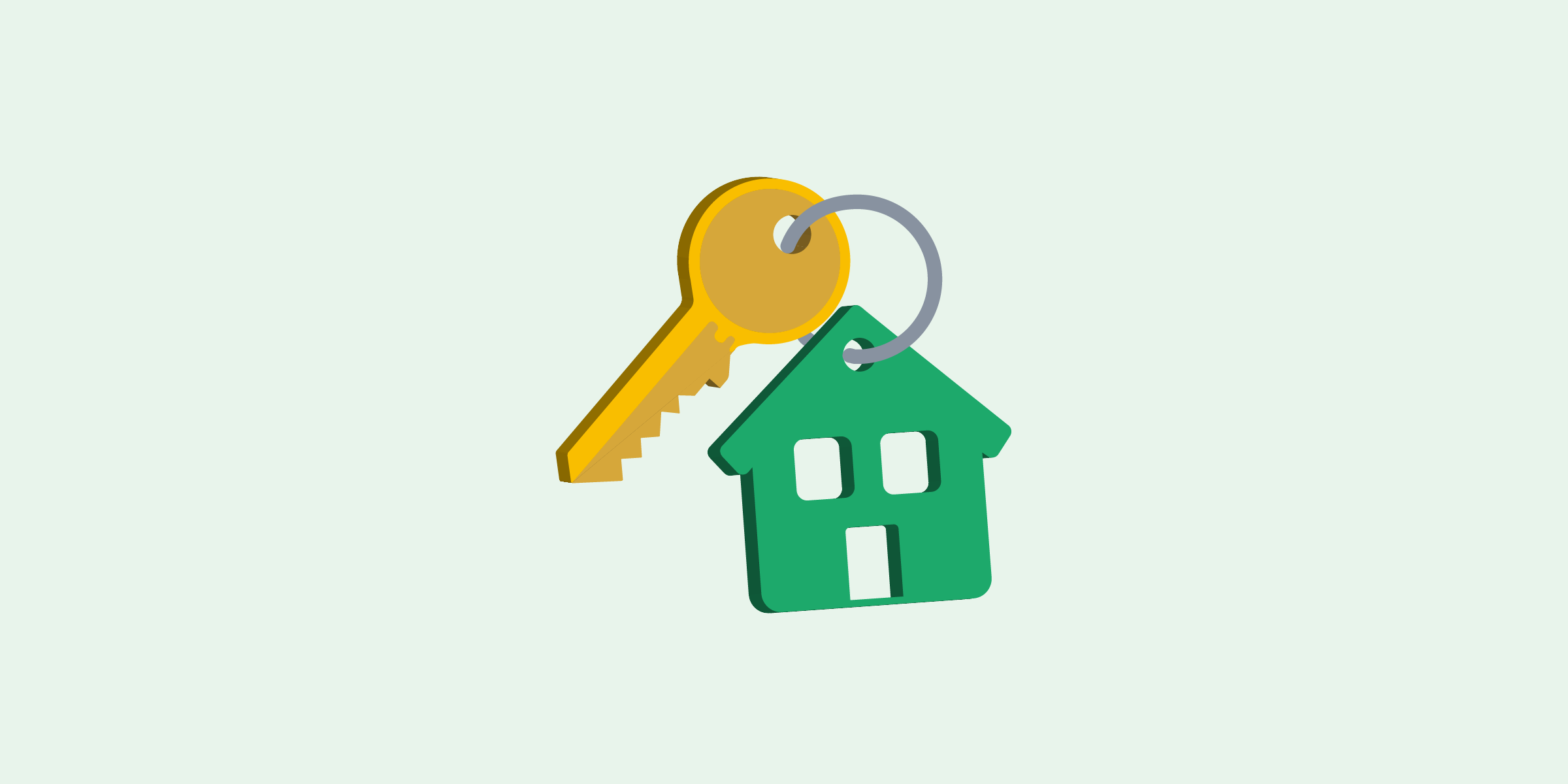 Ilustración de un llavero en forma de casa color verde con dos ventanas y una puerta, del llavero cuelga una llave dorada.