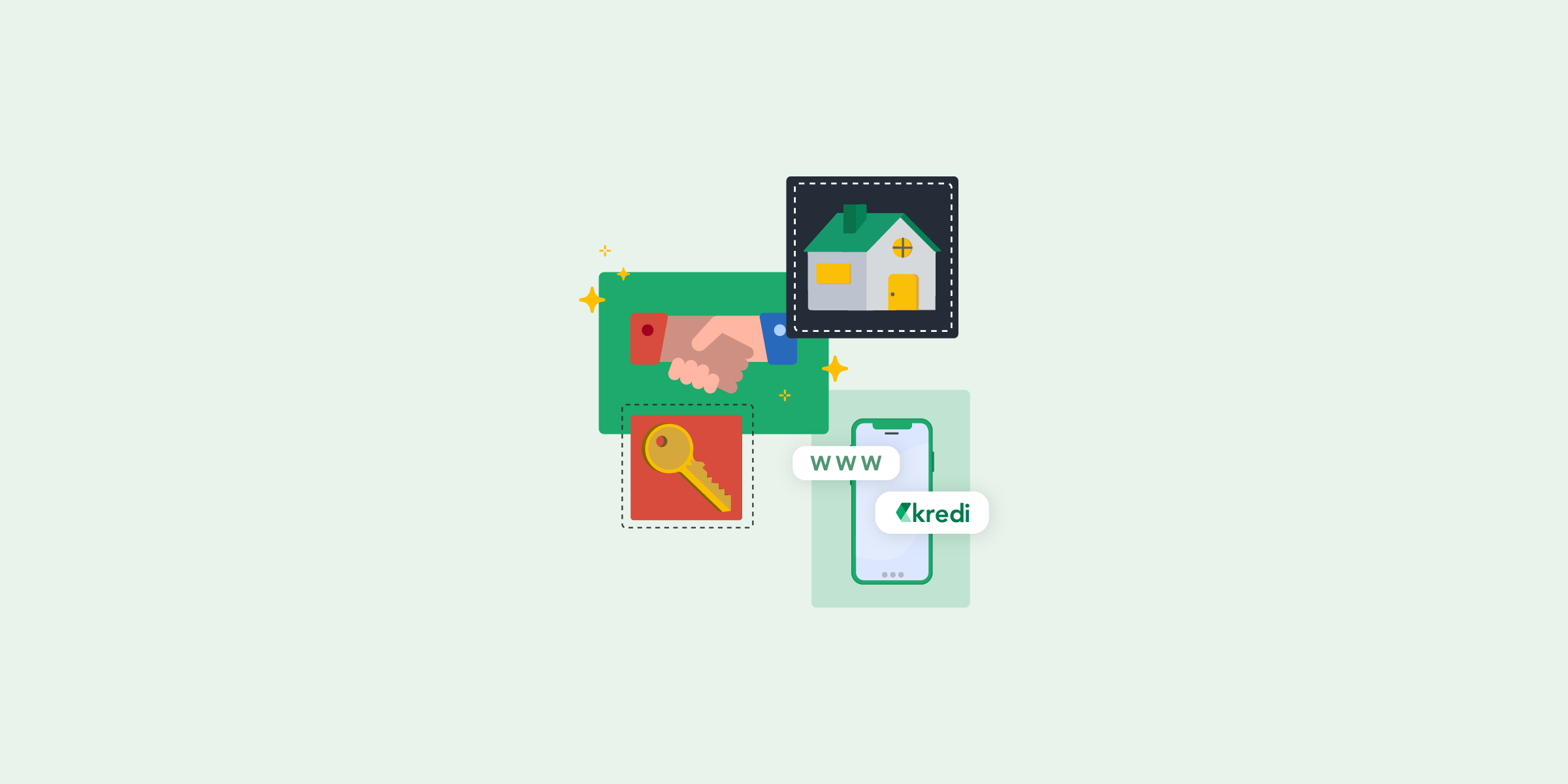 Ilustración con fondo verde, una casa, un celular, unas manos haciendo un trato y unas llaves.