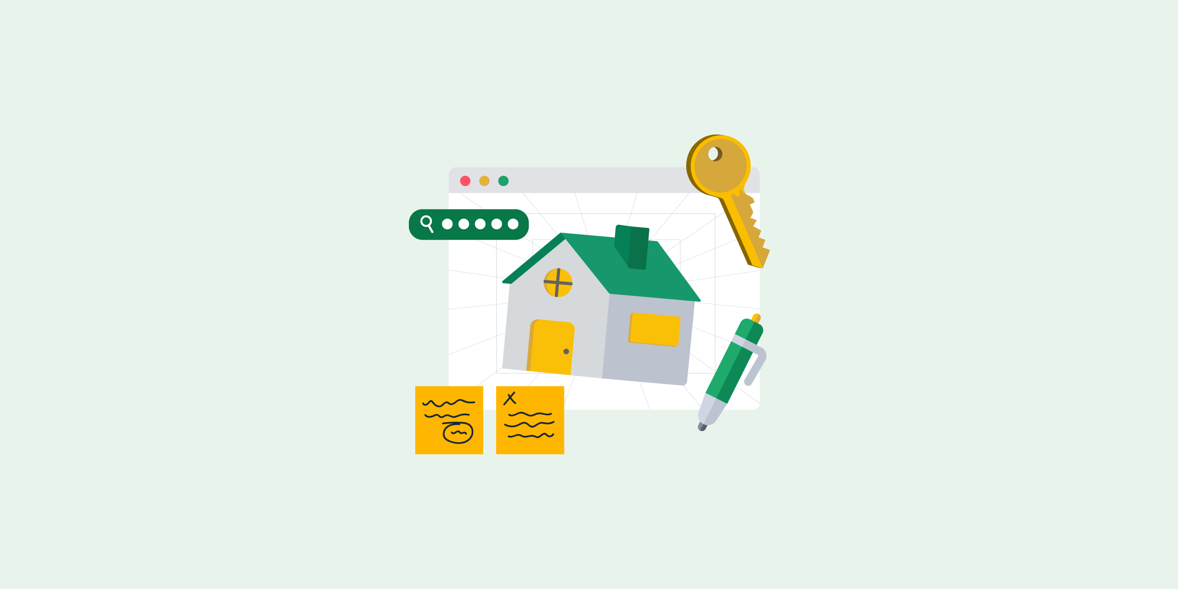 Ilustración de una casa en una ventana de sitio web, con recibos, una pluma y una llave color dorado.